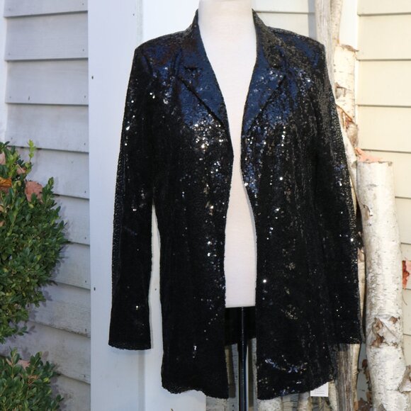 NEW Cupshe Black Starlight Sequin Collared Open Stretch Knit Jacket Sz MEDIUM - Picture 2 of 8